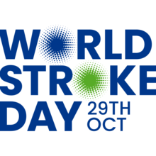 World Stroke Day October 28th Logo with Blue text and a Green and Blue Stylized Circle for the O in World and Stroke