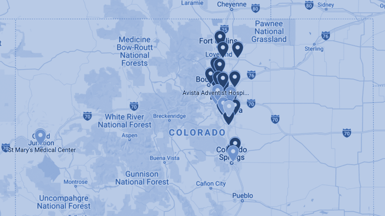 A Map of Colorado's Stroke Centers washed in blue